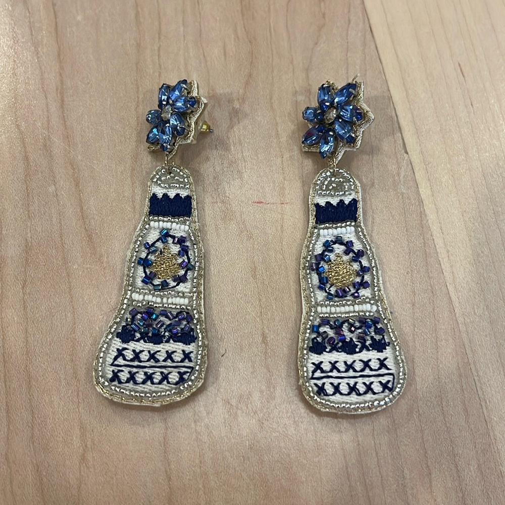 Clase Azul blue and white tequila bottle earrings beaded